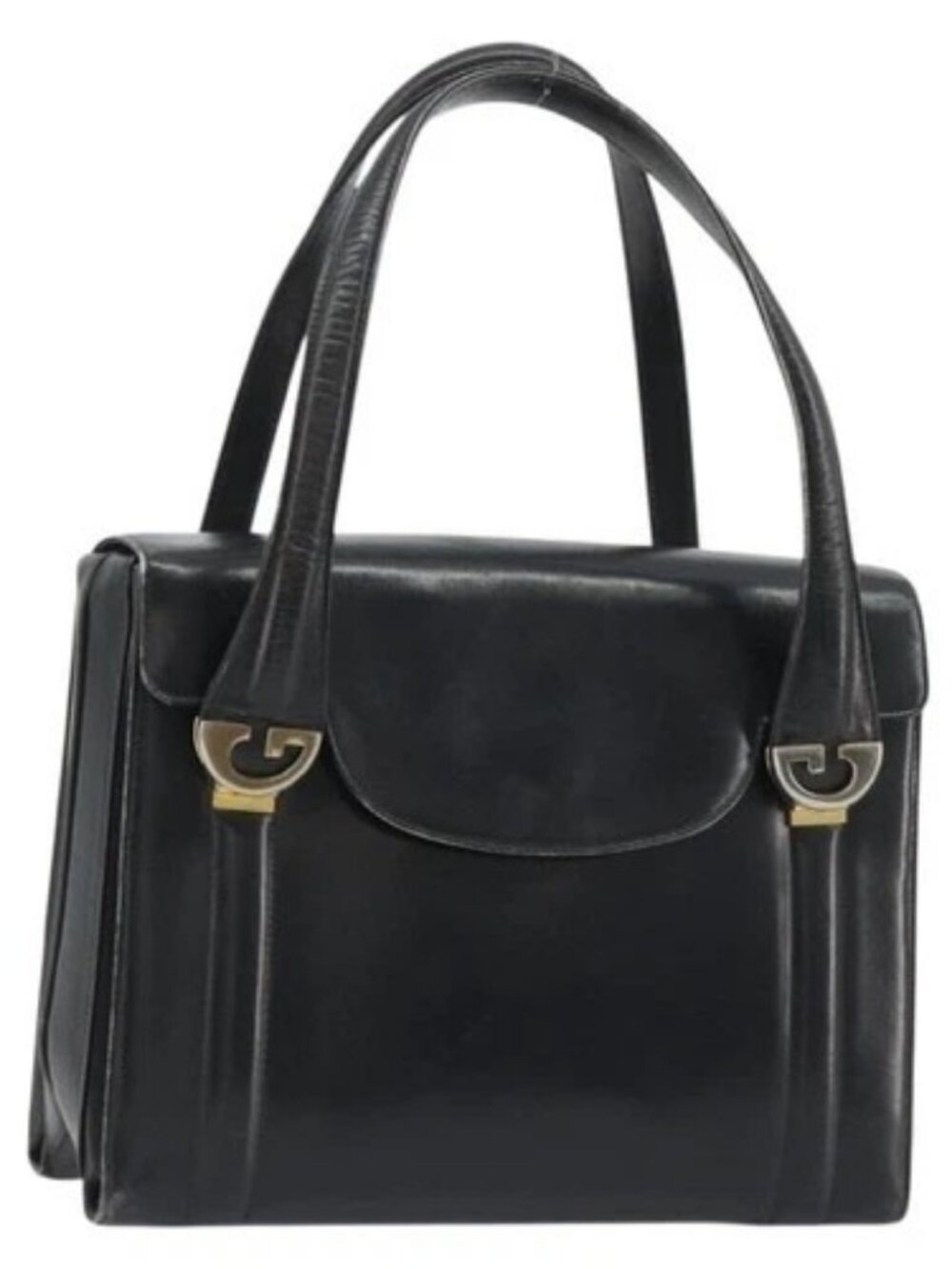 GUCCI Hand Bag Leather Black Gold Auth 189492